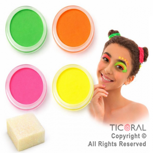 KIT MAQUILLAJE ARTISTICO FLUO AMARILLO FUCSIA NARANJA Y VERDE ( 8 GR) + ESPONJA (120-01)